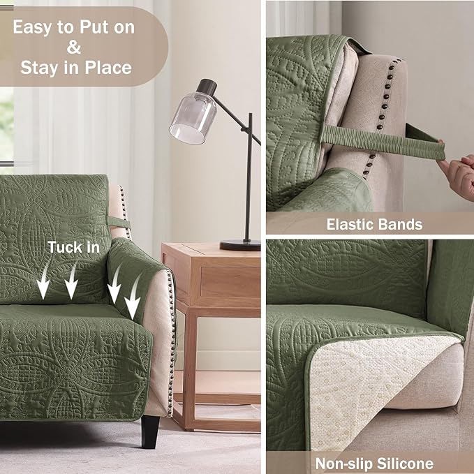 Green Recliner TV Chair Covers, Quilted Décor Water-Repellent Medium Lazy Boy - Image 3