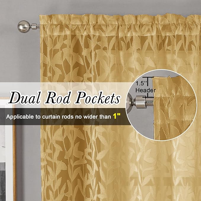 Lecloud Leia Dark Gold Sheer Kitchen Curtains 30 Inch Length 2 Panels, - Image 2