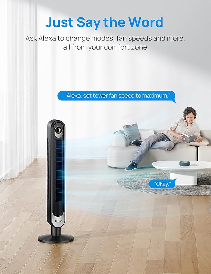 Dreo Smart Tower Fan WiFi Voice Control, Compatible with Alexa/Google & Fans for Home Bedroom, Table Air Circulator Fan for Whole Room, 12 Inch, Black