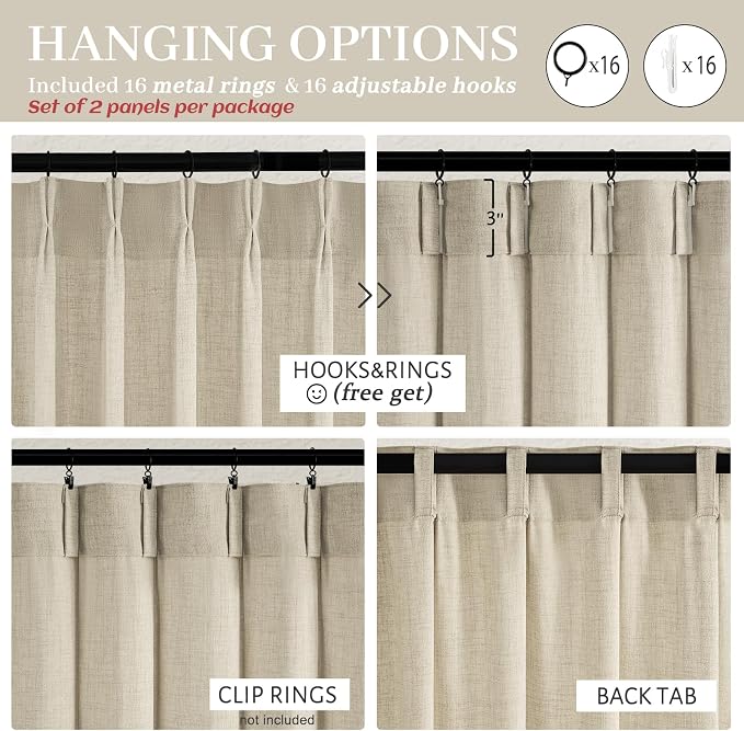 PleatedDrapes Warm Beige Burlap 95 Inch Curtains 2 Panel Set - Image 6