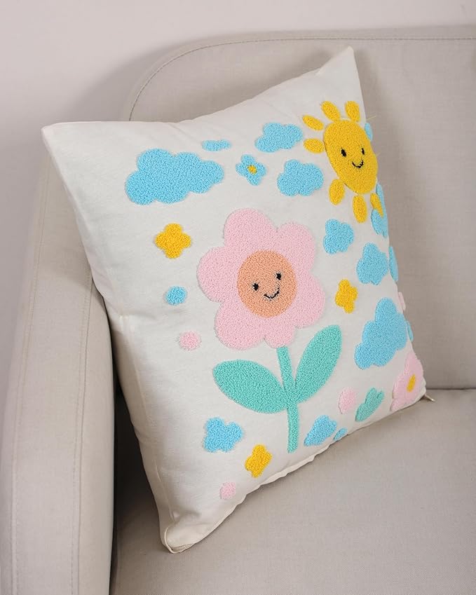 katre home madame & textile Throw Pillow Cover – Sun & Cloud Punch Needle Cushion 18x18 inch – Handmade Embroidered Boho Cotton Pillow for Couch, Bed or Nursery Room Decor