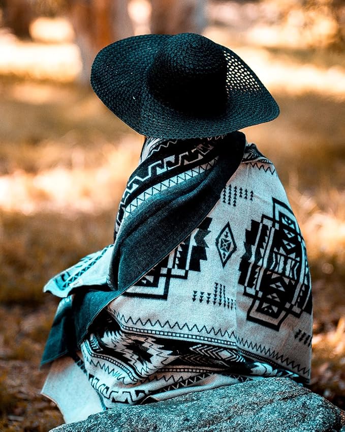 Off the Grid Inca Aztec Throw Blanket | Southwest Indian Navajo Boho Style | Native Woven Western Cover for Camping, Bedding, Couch (King, Cotopaxi Slate)