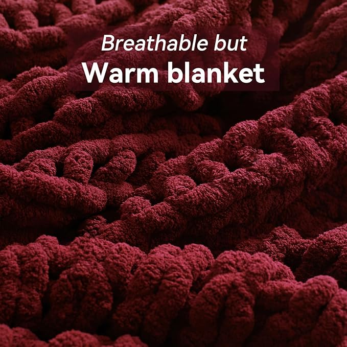 Chunky Knit Throw Blanket, 50''*60'' Knitted Throw Chenille Yarn for Bed Couch, Handmade Red Crochet Big Thick Blanket, Machine Washable Cute Comfy Blanket for Home Decor