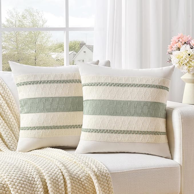 Fancy Homi Set of 1 Sage Green Boho Decorative Throw Pillow Covers 20x20 Inch - Image 2