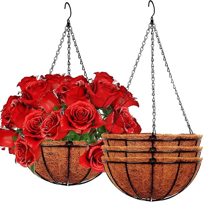 4 Pack 10 inch Metal Hanging Planters Basket with Coco Coir Liner Outdoor-Hanging Baskets for Plants Outdoor,Metal Wire Baskets with Window Box Planters, Hanging Flower Pots for Railings