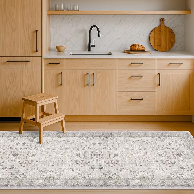 Washable Neutral 2x6 Bathroom Runner Rug, Vintage Kitchen Floor Mat - Image 3