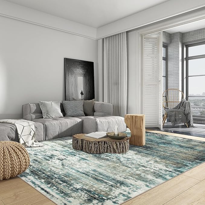 8x10 Area Rugs for Living Room: Washable Abstract Teal Green Badroom Carpet | - Image 3