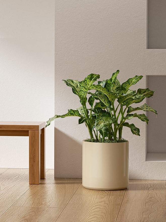 LE TAUCI 12 Inch Pots for Plants, Ceramic Large Plant Pot for Indoor Plants, Mid-Century Modern Flower Planter Pots with Drainage Hole and Removable Plug, Round Planter Pot, Reactive Glaze Cloud Cream