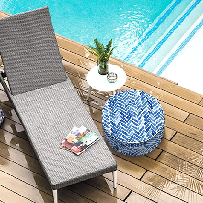 LVTXIII Indoor/Outdoor Inflatable Ottoman, All Weather Round Footrest Stool D21”x H9”, Portable for Patio Garden Camping or Home-Blue Bricks