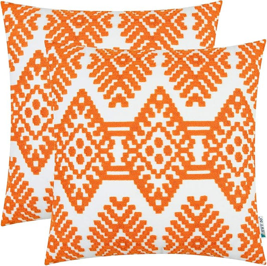 HWY 50 Orange Decorative Throw Pillow Covers 18x18 Inch, Pack of 2 Embroidered Cotton Farmhouse Cushion Cover Pillow Case for Sofa Couch Living Room Bed Bedroon, Modern Diamond Geometric
