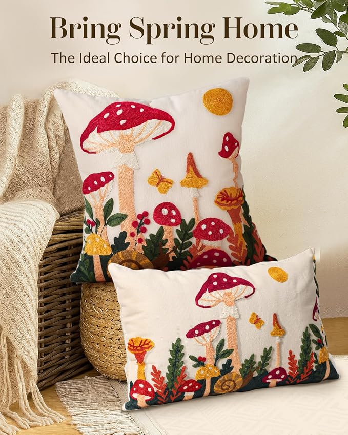 Embroidered Throw Pillow Cover 20x20 Inch, Mushroom Moon | Decorative Pillow - Image 5
