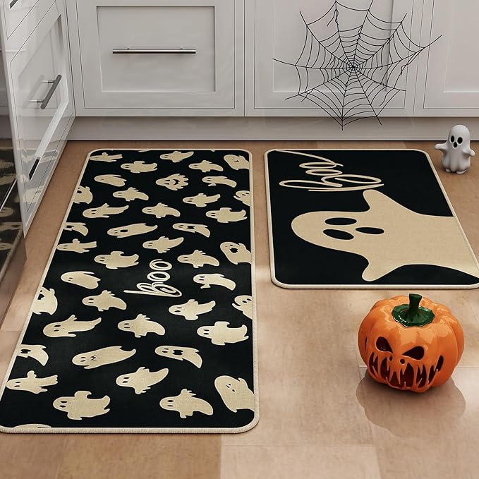 Halloween Kitchen Mat Set of 2, Ghosts Boo Halloween Kitchen Decor, Halloween Rug for Floor, Indoor Spooky Home Decor with Non-Slip Backing,17 x 29 Inch & 17 x 47 Inch