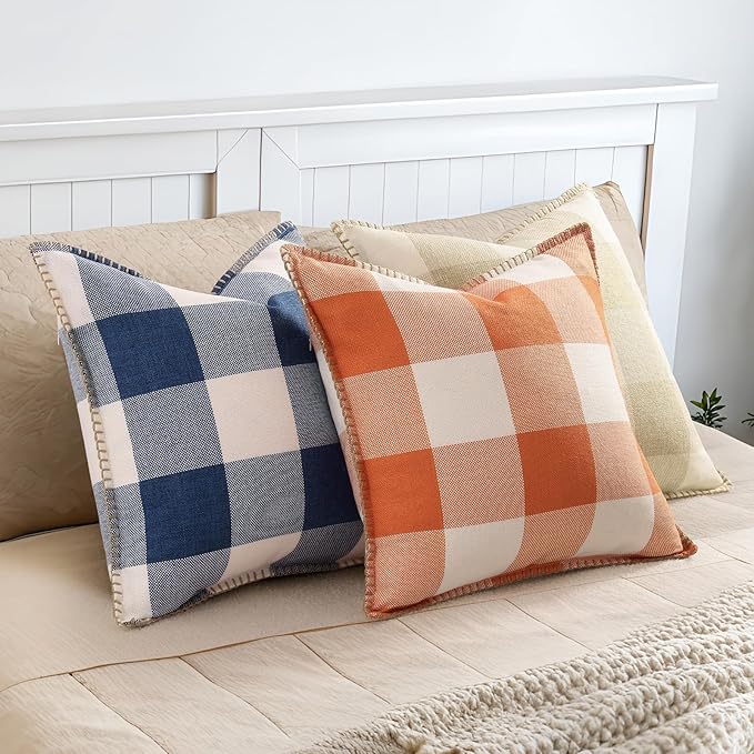 decorUhome Buffalo Plaid Check Fall Throw Pillow Covers 16x16 Set of 2, Outdoor Decorative Farmhouse Pillow Covers with Stitched Edge for Bed Couch Sofa, Cream White and Beige