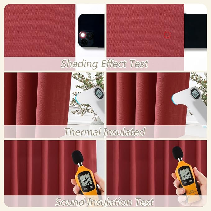 Guken Red 100% Blackout Linen Curtains 102 Inch Length 2 Panels Set - Image 5