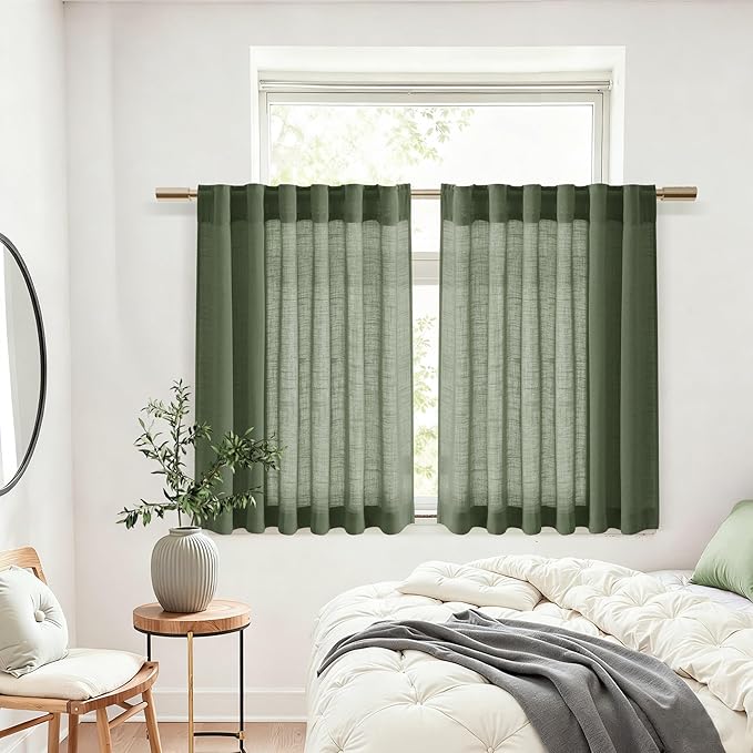 Nanspring Olive Green Cafe Linen Curtains 24 Inch Length 2 Panels Semi Sheer - Image 6
