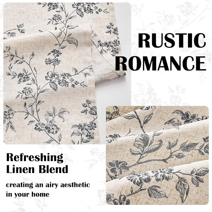 Black Vintage Floral Linen Curtains Farmhouse 50W X 63L 2 Panels | Elisa Series - Image 4