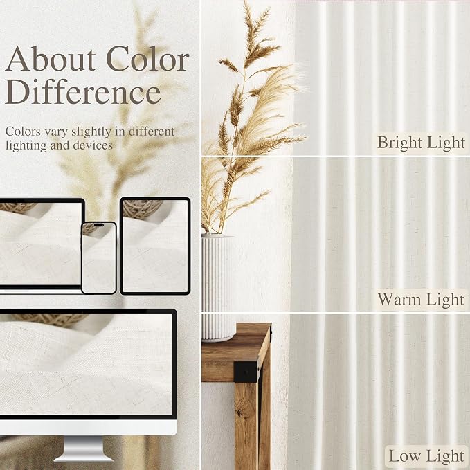 Beige White Kitchen Cafe Sheer Curtains 54 Inch Long 2 Panel Back Tab Linen - Image 3