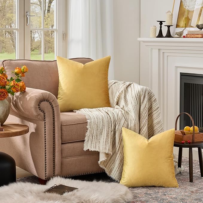 GIGIZAZA Yellow Velvet Pillow Covers 26x26 Decorative Pillows Pack of 2 | Throw - Image 3