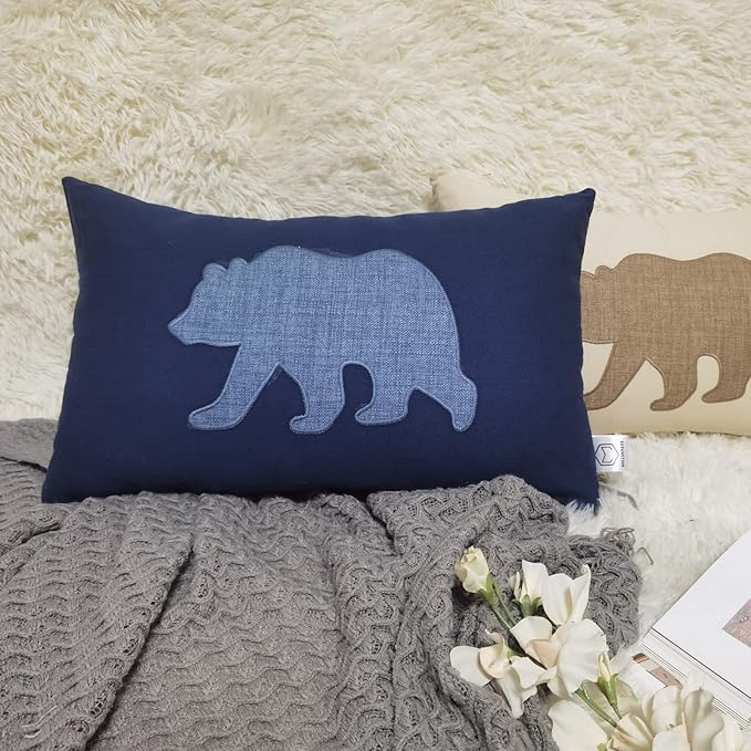 Lumbar Pillow Covers 12x20 Inches Bear Decorative Cotton Linen Throw Lumbar Waist Embroidered Cushions Covers for Couch Sofa Bedroom (Blue)