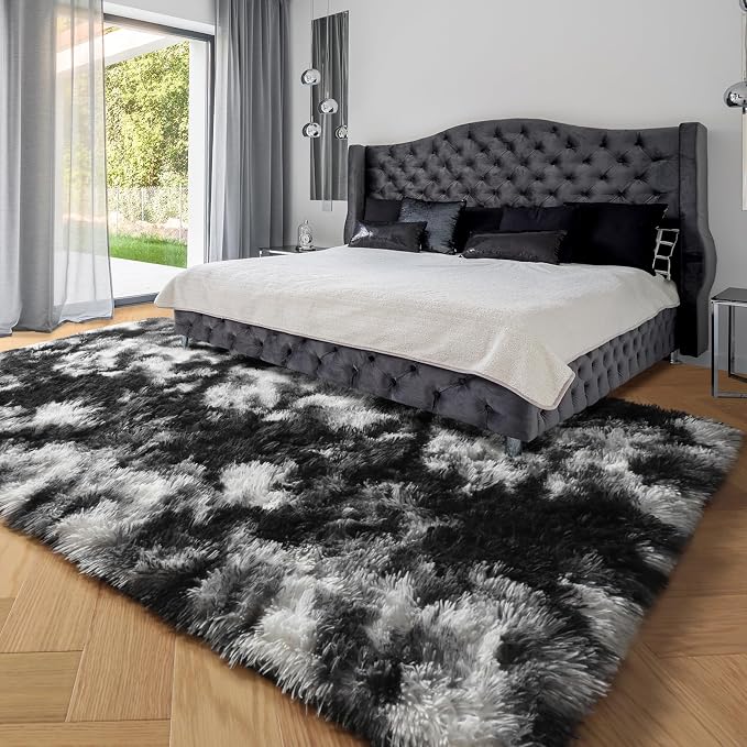 Black White Grey Bedroom Rugs 4x6 Ft, Soft Fuzzy Plush Indoor Floor Area Rug | - Image 4