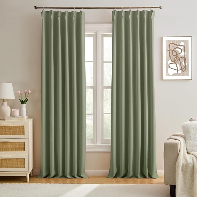 Pinch Pleated Sage Green Blackout Curtains 102 Inches Long, Window Treatment by KEQIAOSUOCAI