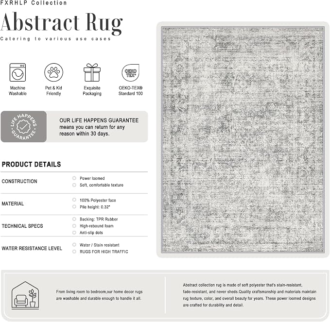 Area Rug Living Room: 3x5 Modern Washable Soft Carpet Black Grey | - Image 3