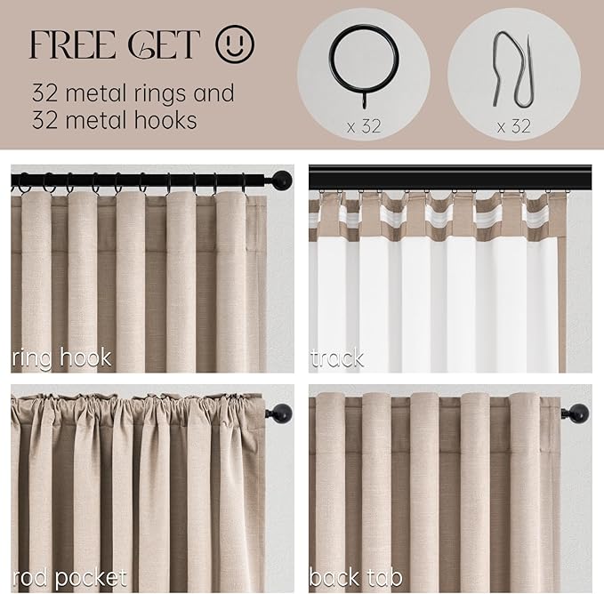 Natural Beige 95 inch bedroom living room curtains 2 Panels 100% Blackout Linen - Image 3