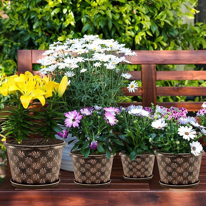 10 Inch Planter Pots for Plants, 4 Pack Plastic Large Flower Pots Indoor Outdoor, Resin Plant Pot with Drainage & Saucer, Retro Decorative Garden Pot with Removable Trays for House