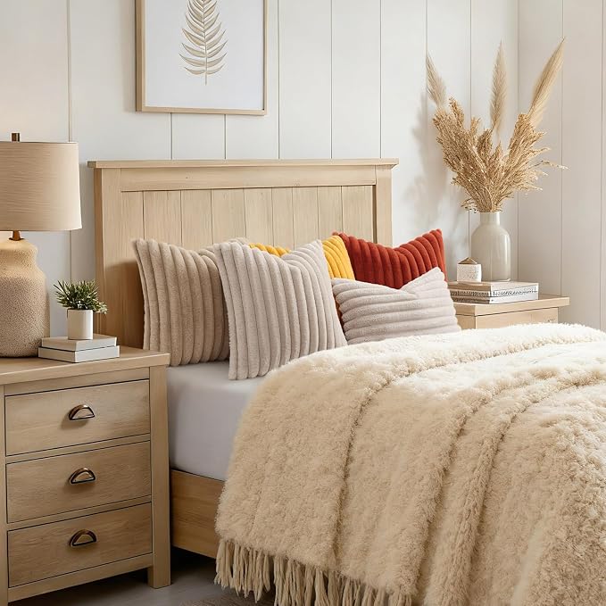 decorUhome Fall Faux Fur Throw Pillow Covers 16x16 Set of 2 Khaki Brown | - Image 8