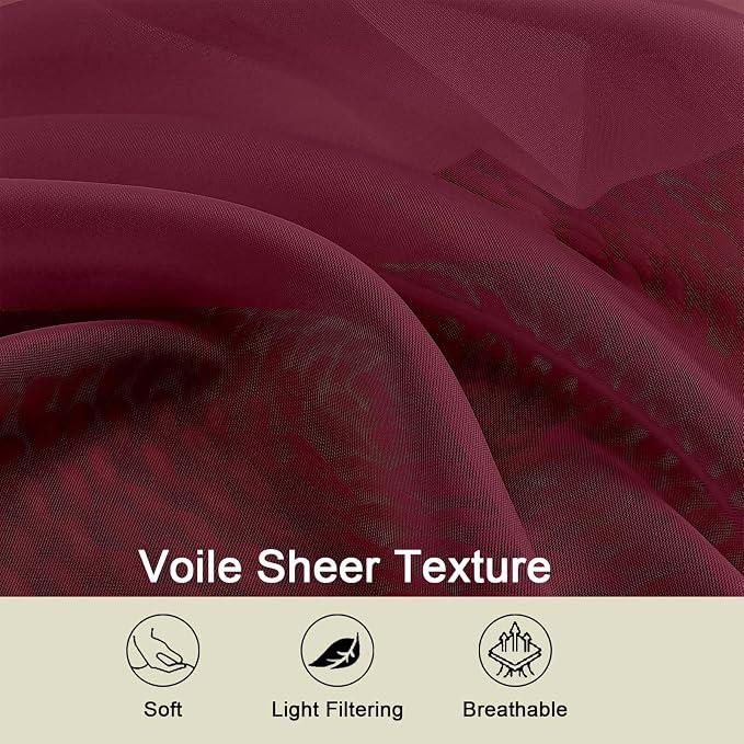 Burgundy Sheer Curtain for Bedroom Living Room 72 Inches Long 2 Panels Set - Image 3