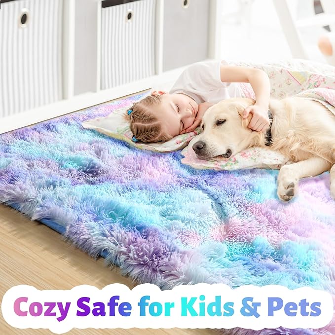 Amdrebio Purple Rainbow Mermaid Furry Kids Area Rug 5x8 - Image 2