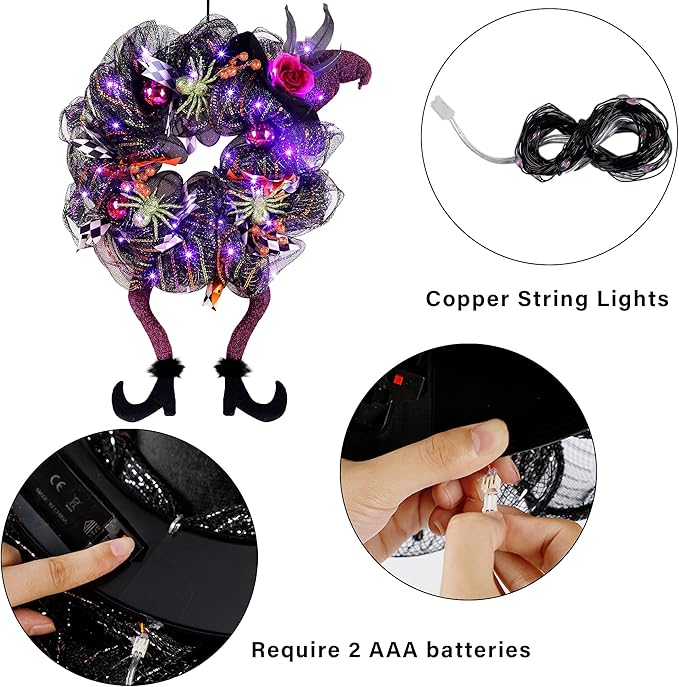 Lulu Home Halloween Front Door Wreath, Purple LED Lighted Witch Hat Wreath, Battery Operated, NOT PRELIT