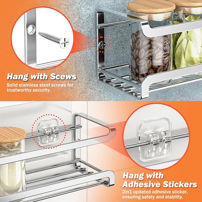 Spice Rack wall mounted 2 Pack, Space-Saving Spice Organizer for Spice Jars and Seasonings,Screw or Adhesive Hanging Spice Rack Organizer for Your Kitchen Cabinet,or Pantry Door,Silver
