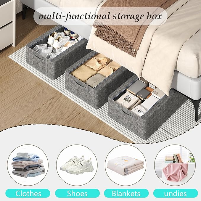 3PCS Under Bed Storage Bins with Metal Frame, Linen Fabric Frame Storage Box Clothes Organizer Bins, Underbed Container with Clear Window (Dark Grey, 15.7 x 13 x 6IN)
