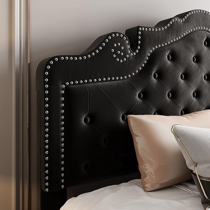 Allewie Full Size Bed Frame with Adjustable Velvet Tiara Headboard, Upholstered Diamond Button Tufted Platform Bed, Wood Slats Support, No Box Spring Needed, Black