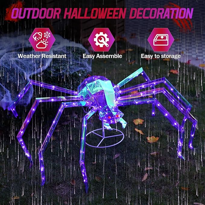 Prismatic Iridescent Giant Spider, 52" Pre-lit Large Outdoor Scary Prismatic Spider Decorations for Halloween 140 LED Light Up Giant Spider Outdoor Halloween Decorations for Garden, Yard, Porch