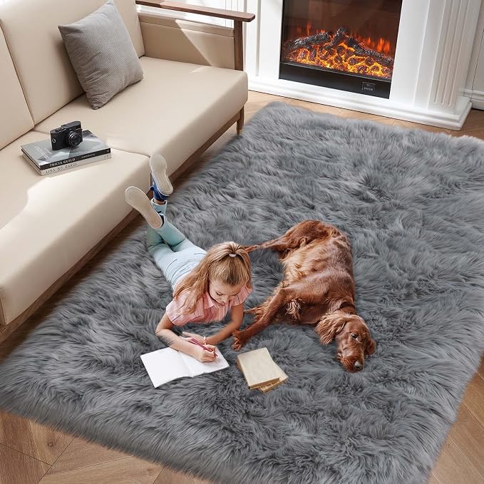 Faux Fur Area Rug, Indoor Plush Gray Floor Carpets by Tangsoo