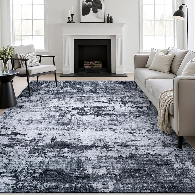 10x12 Area Rug Living Room: Modern Washable Indoor Carpet Black | by FXRHLP