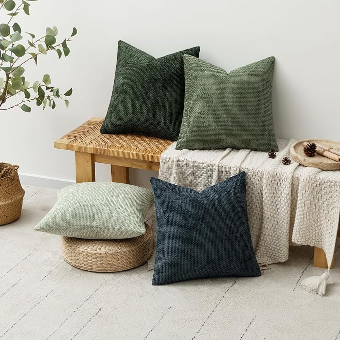 MIULEE Decorative Chenille Euro Pillow Covers Green Navy 22x22 Pack of 4 | - Image 4