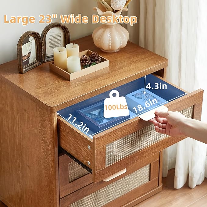 LEYAOYAO Boho Rattan Coffee Table and End Table Sets, 48" Wide Center Tables & 23" Night Stand with 3 Drawers, Brown Wood Coffee Table for Living Room 2 Piece Set
