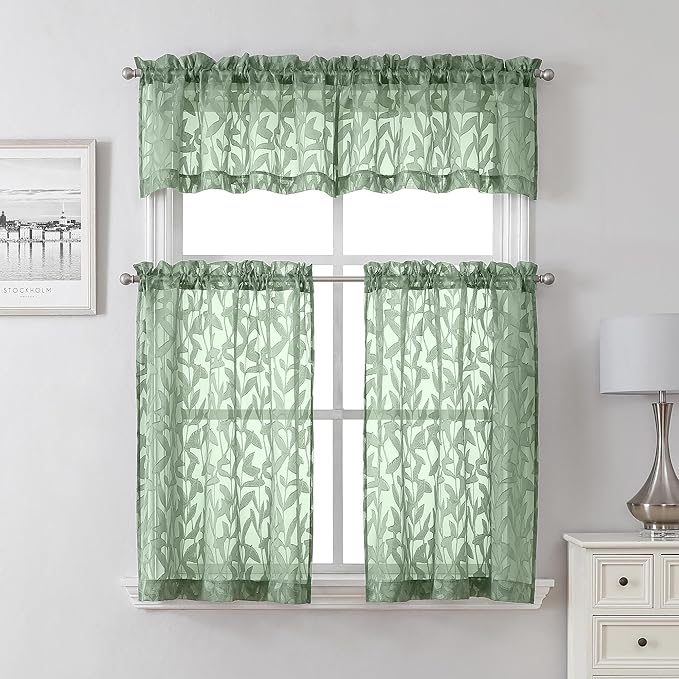 Lecloud Leia Sage Green Valance Sheer Cafe Curtains 24 Inch Length 2 Packs - Image 7