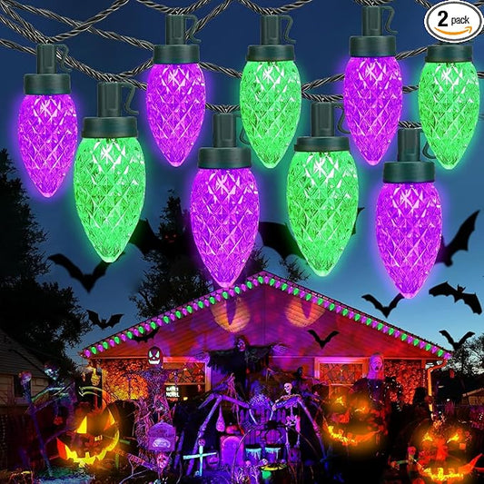 Extendable Purple and Green 2PK 100 LED C9 Halloween Lights Indoor Outdoor Waterproof, 98FT Super Bright C9 String Lights 13 Modes with Timer for Tree Patio Party Garden Halloween Decorations