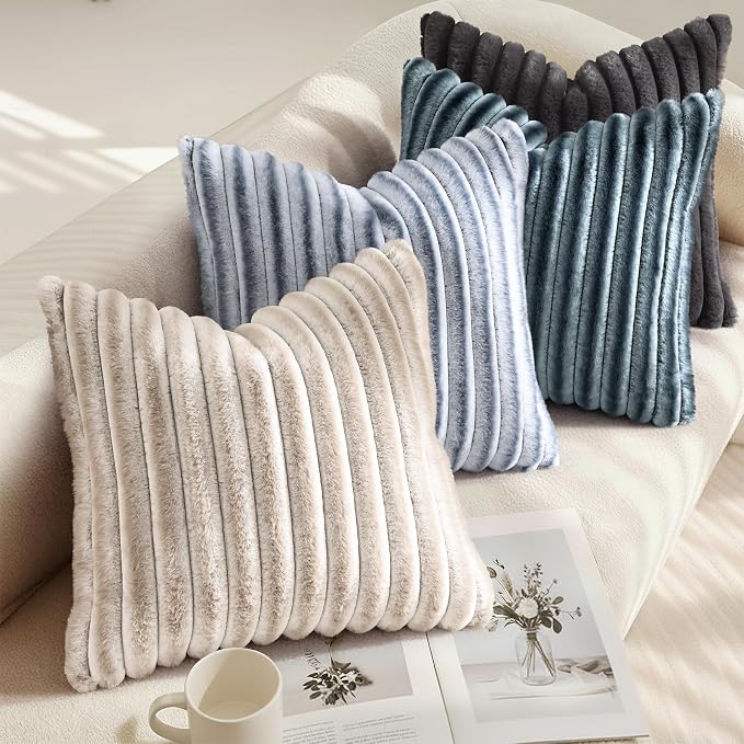 decorUhome Fall Faux Fur Throw Pillow Covers 24x24 Set of 2 Grey White | - Image 4