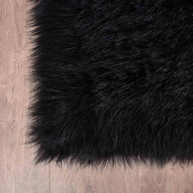 Goolela Black Round Rug 5ft Fluffy Fuzzy Sheepskin Carpet - Image 6