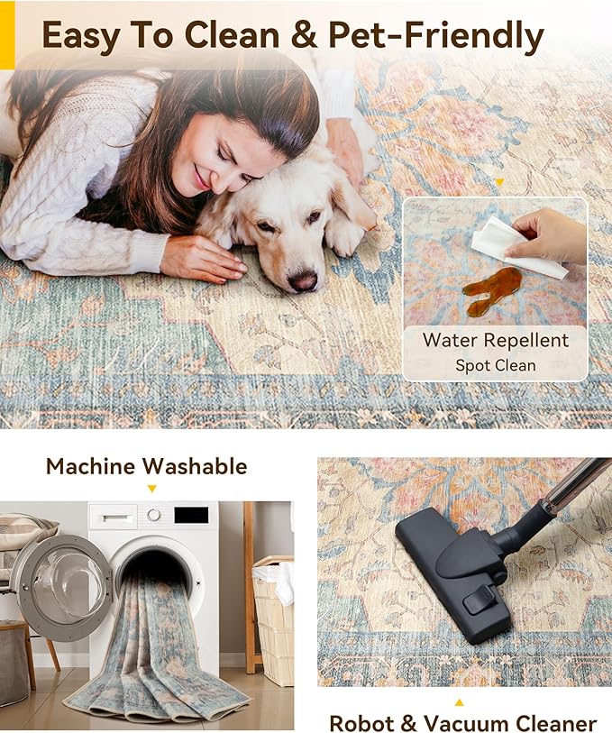 RELEANY Washable Area Rug, Water Repellent, Pet Friendly, Vintage Floral Boho - Image 4