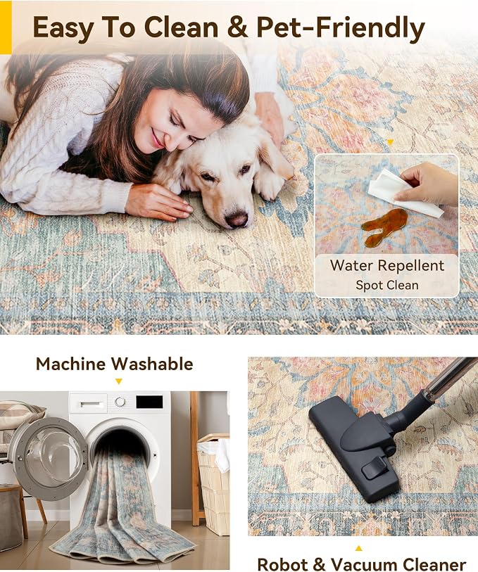 RELEANY Washable Area Rug, Water Repellent, Pet Friendly, Vintage Floral Boho - Image 6