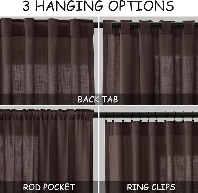 Coffee Linen Semi Sheer Curtains 108 Inches Long 2 Panels Set Back Tab Loop - Image 3