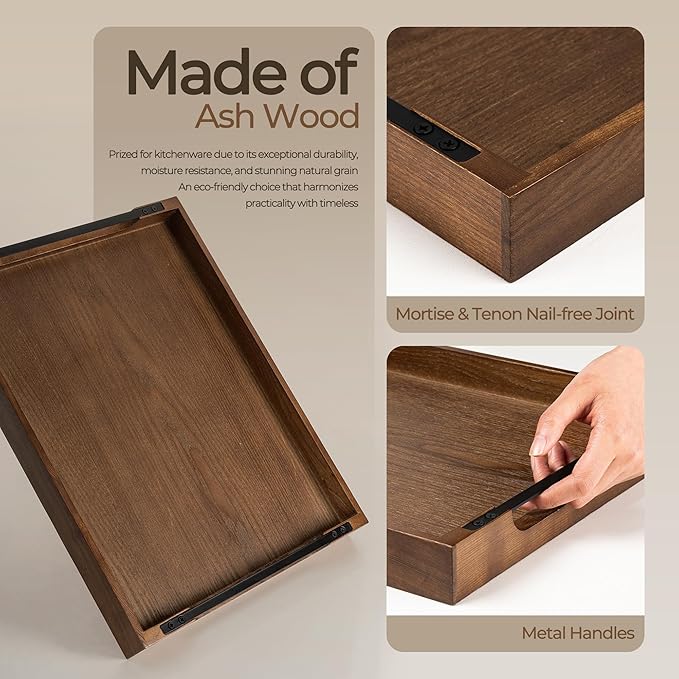 Axeman Wooden Serving Tray with Metal Handles|Ottoman Tray for Breakfast, Bed, Couch|17x13in Ash Wood Coffee Table Trays|Food Drinks Decorative Storage Boards for Ottoman Kitchen, Walnut