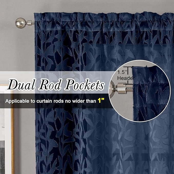 Lecloud Leia Navy Blue Sheer Curtains 72 Inches Long 2 Panels, Jacquard Leaf - Image 6
