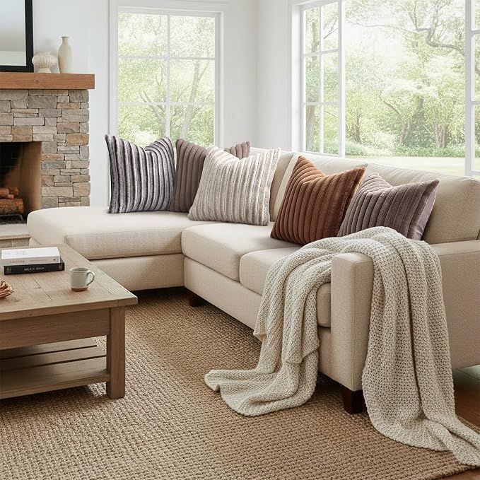decorUhome Fall Faux Fur Throw Pillow Covers 18x18 Set of 2 Beige White | - Image 7